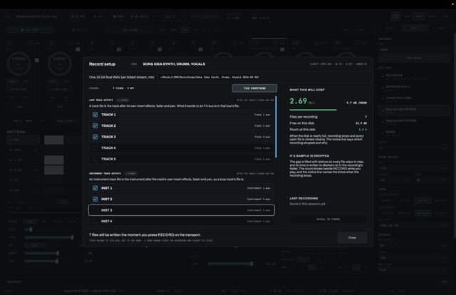 LOOM’s Record setup sheet: three of the five loop tracks and two of the four instrument tracks ticked, each writing its own WAV file, seven files per recording at 2.69 MB/s, and a panel showing 9.7 GB an hour and 2.3 hours of room on the disk