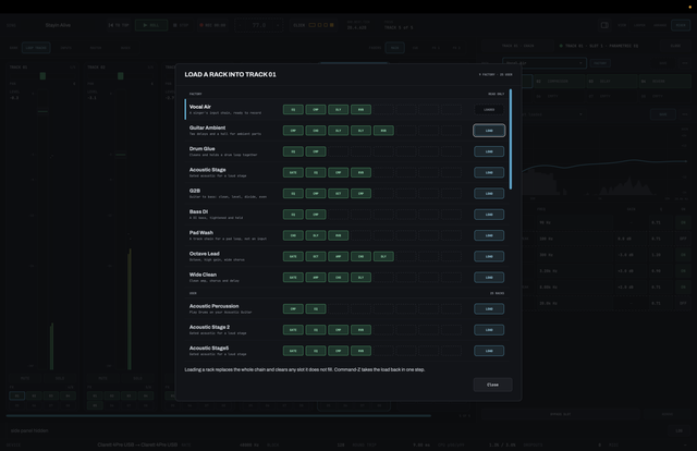 LOOM’s rack browser over the mixer, listing the factory racks Vocal Air, Guitar Ambient, Drum Glue, Acoustic Stage, G2B, Bass DI, Pad Wash, Octave Lead and Wide Clean, each with chips naming the effects in it, above the user’s own saved racks