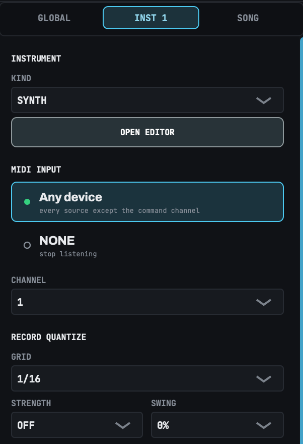 An instrument track's tab: a synth listening to any device on channel 1