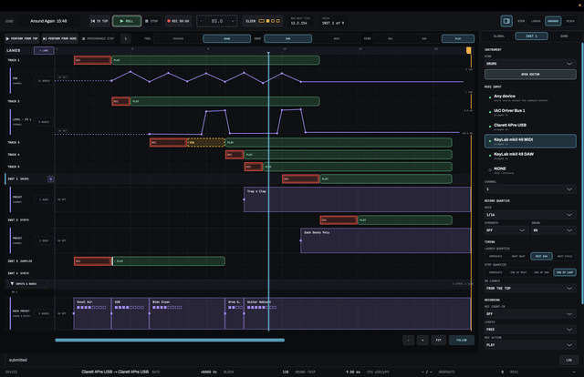 LOOM's arrange view: REC, DUB and PLAY regions on five audio tracks and three instrument tracks, with automation lanes for a pan and an FX 1 level, preset lanes holding Trap n Clap and Zach Dusty Poly, and a rack lane