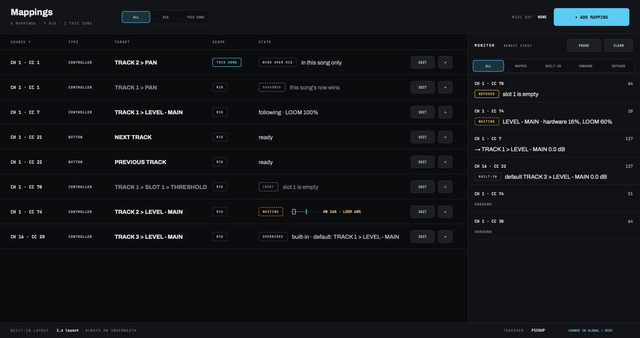 LOOM’s MIDI Mapping window: a table of mappings with each one’s source, type, target and state, and a monitor of incoming MIDI beside it