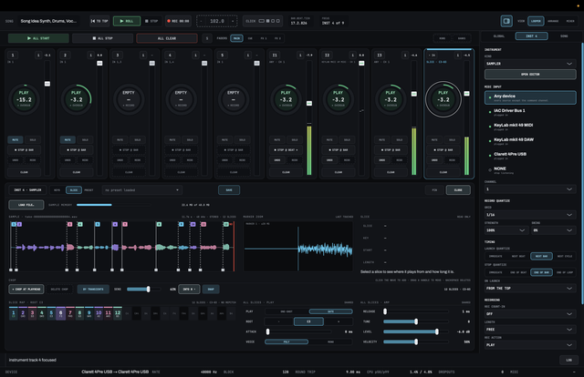 The sampler in SLICE mode with one of LOOM’s own recorded takes cut into twelve slices, each slice coloured on the waveform and mapped to its own key from C3 to B3