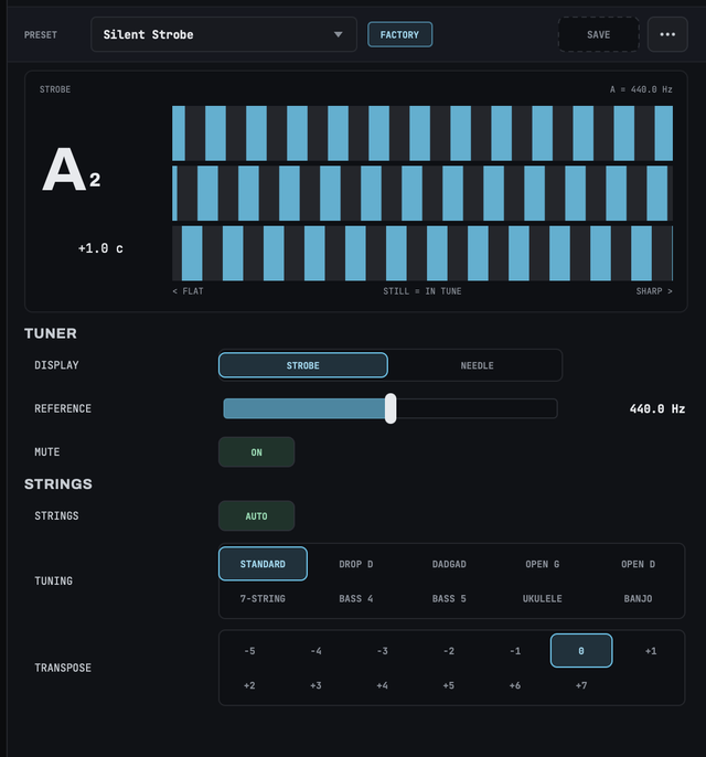 The tuner’s strobe reading an A2 one cent sharp, with the Silent Strobe factory preset loaded, MUTE on, STRINGS on AUTO, and a choice of tunings: STANDARD, DROP D, DADGAD, OPEN G, OPEN D, 7-STRING, BASS 4, BASS 5, UKULELE and BANJO